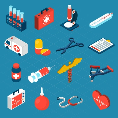 Medical isometric icons set with first aid kit ambulance syringe isolated vector illustration