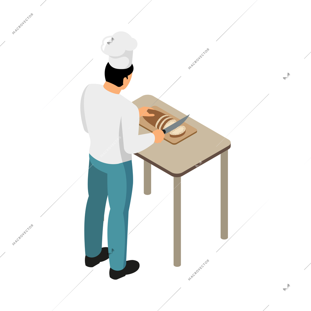 Male chef cutting bread isometric vector illustration