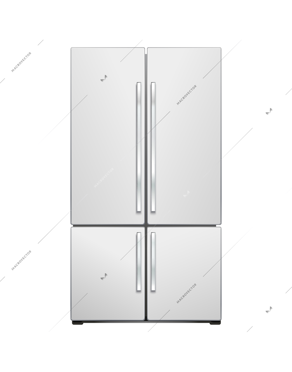 Modern four door refrigerator front view on white background realistic vector illustration