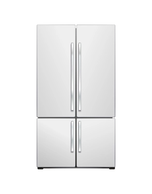 Modern four door refrigerator front view on white background realistic vector illustration