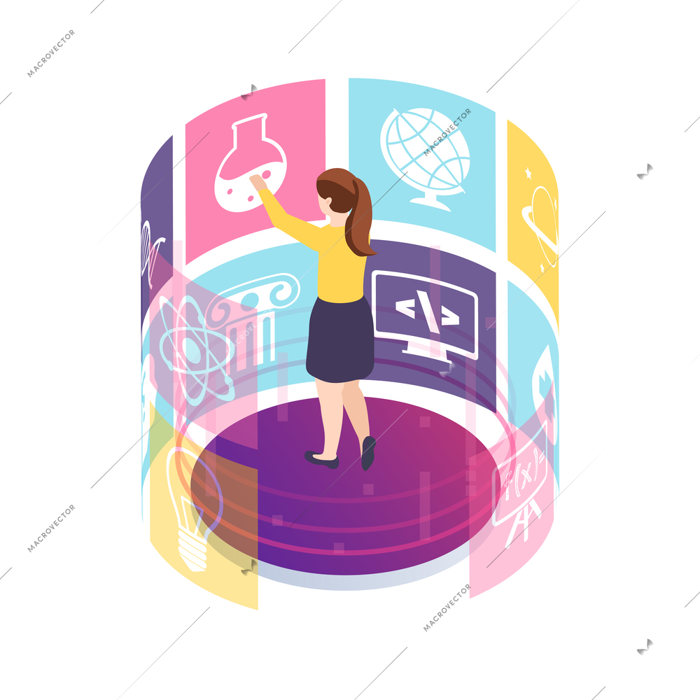 Elearning online training education isometric concept with female student using virtual screen choosing subject 3d vector illustration