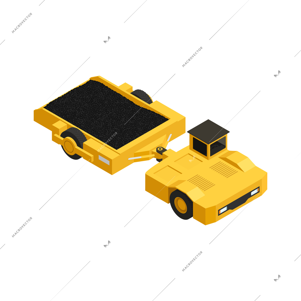 Isometric yellow mining vehicle transporting coal 3d vector illustration