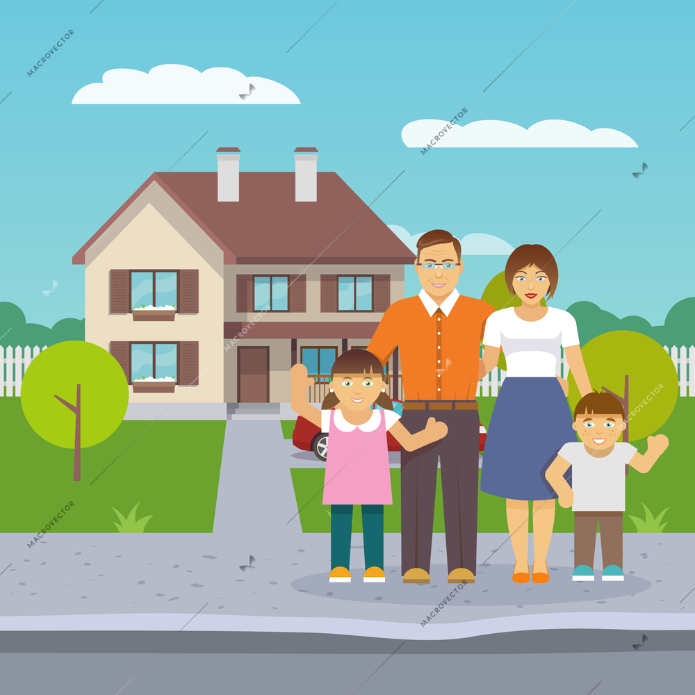 Happy family with parents and boy and girl children in front of the house flat vector illustration