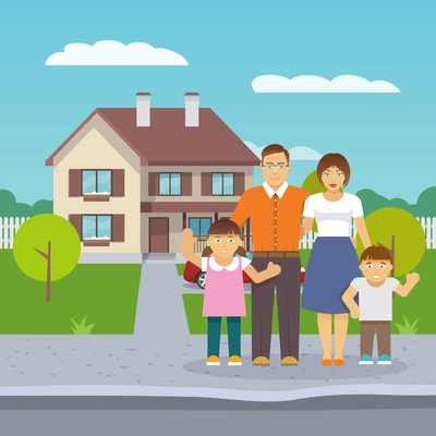 Happy family with parents and boy and girl children in front of the house flat vector illustration