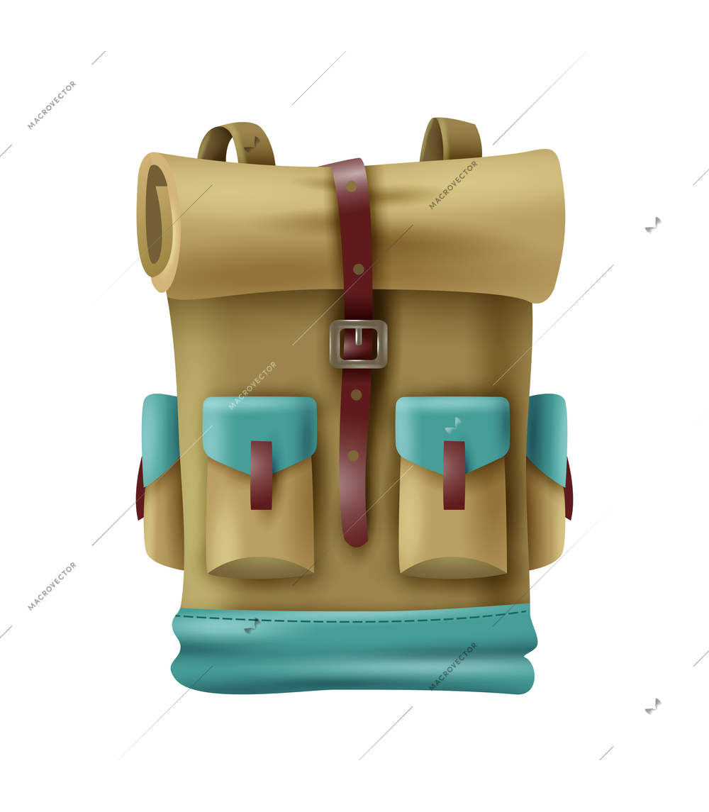 Realistic travel camping backpack on white background vector illustration