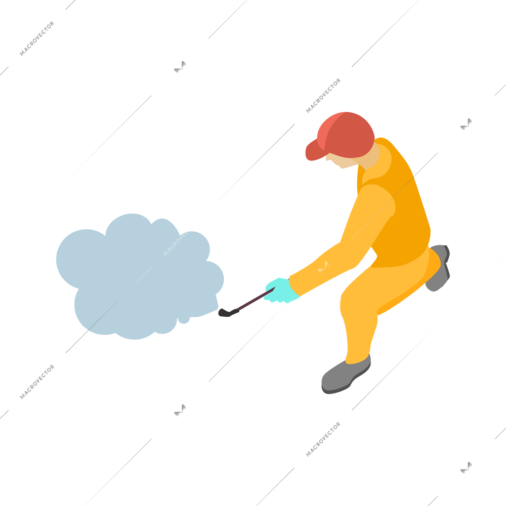 Isometric pest control service worker performing disinfection vector illustration