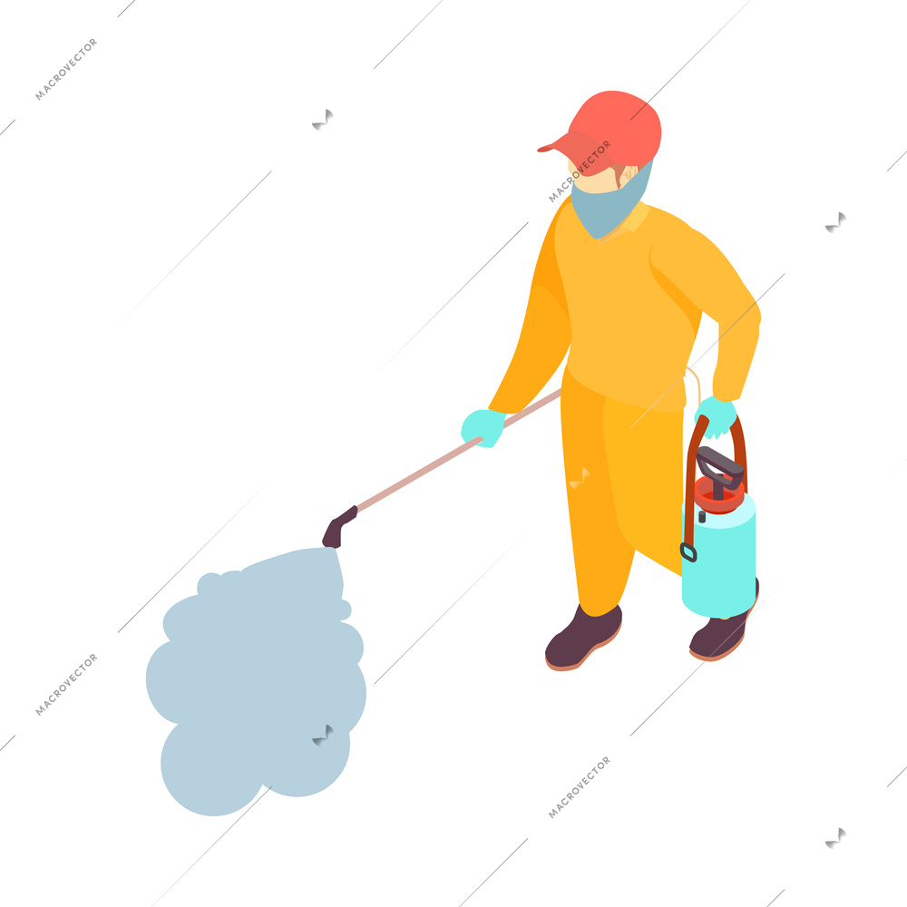 Pest control service worker in protective suit performing disinfection isometric vector illustration