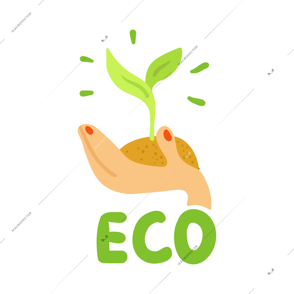 Ecological restoration flat emblem with green plant in human hand vector illustration