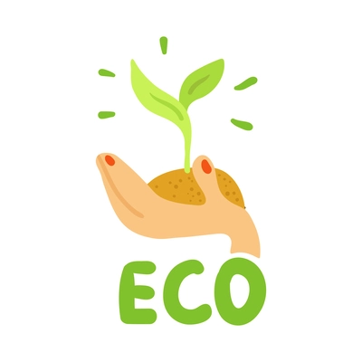 Ecological restoration flat emblem with green plant in human hand vector illustration