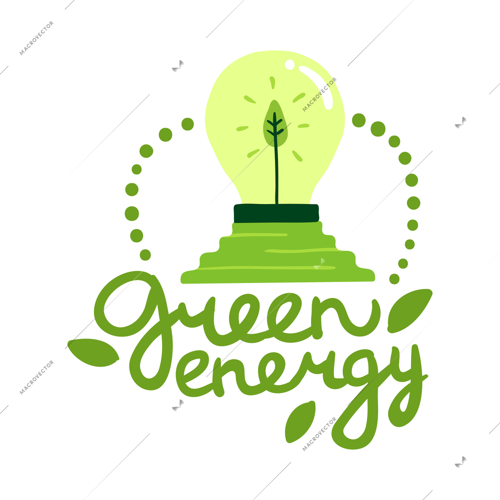 Green energy alternative sources flat emblem with text and light bulb vector illustration