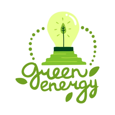 Green energy alternative sources flat emblem with text and light bulb vector illustration