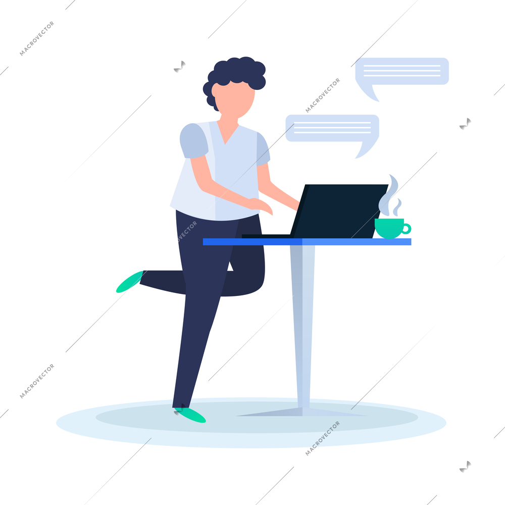 Online communication flat icon with human character chatting on internet on laptop vector illustration