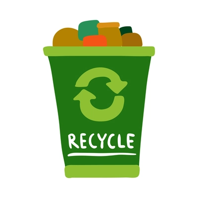 Recycle garbage flat emblem with green rubbish bin vector illustration