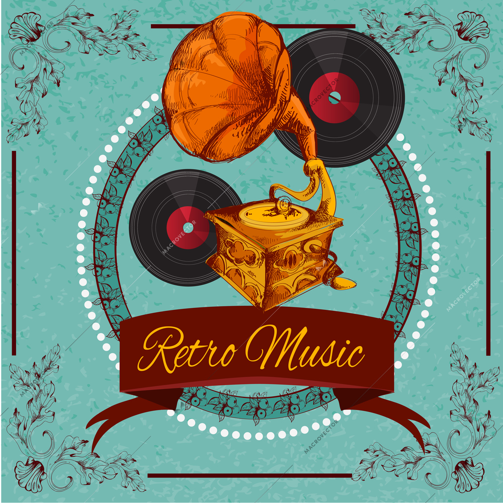 Retro music poster with vinyl gramophone and floral ornament sketch vector illustration