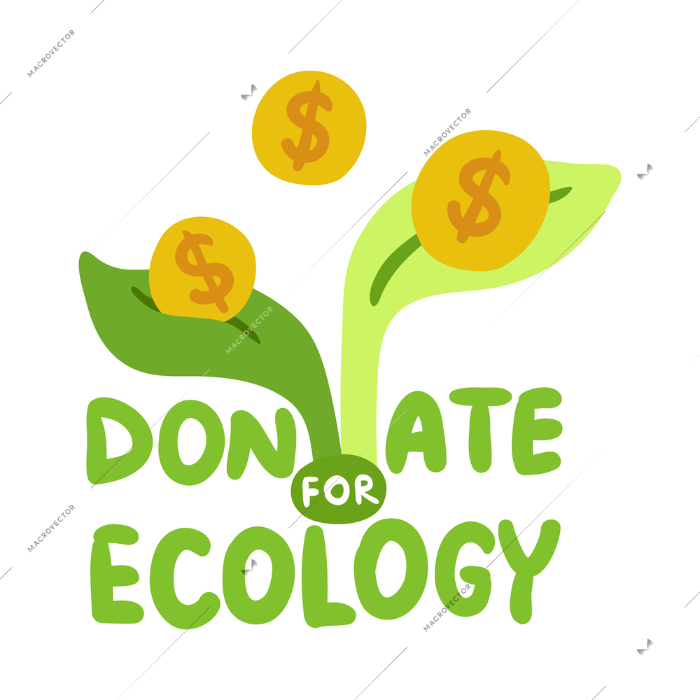 Ecological restoration donate for ecology flat emblem with green leaf and text vector illustration