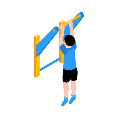 Isometric children sport equipment for home or school icon with boy doing pull ups on bar vector illustration