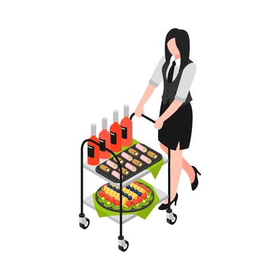 Isometric catering waitress carrying trolley with refreshments 3d vector illustration