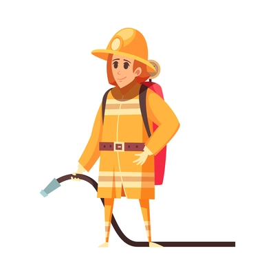 Female firefighter wearing yellow uniform with hose flat vector illustration