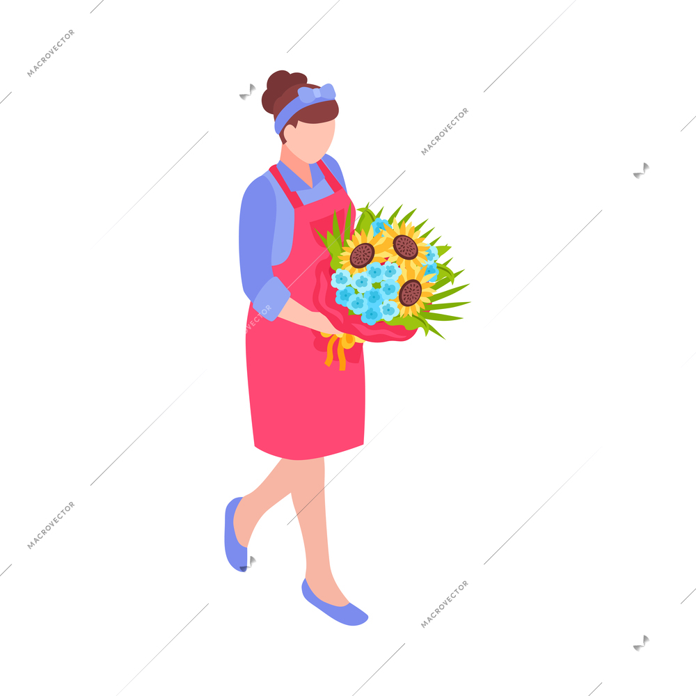 Female florist holding bunch of flowers with sunflower 3d isometric vector illustration