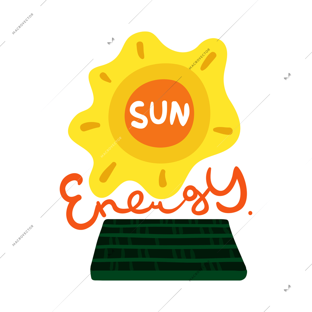 Flat style sun energy emblem with solar panel vector illustration