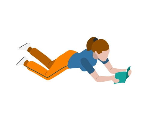 Female astronaut reading book in zero gravity state 3d isometric vector illustration