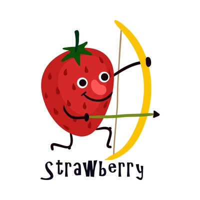 Cute cartoon character of strawberry doing archery vector illustration