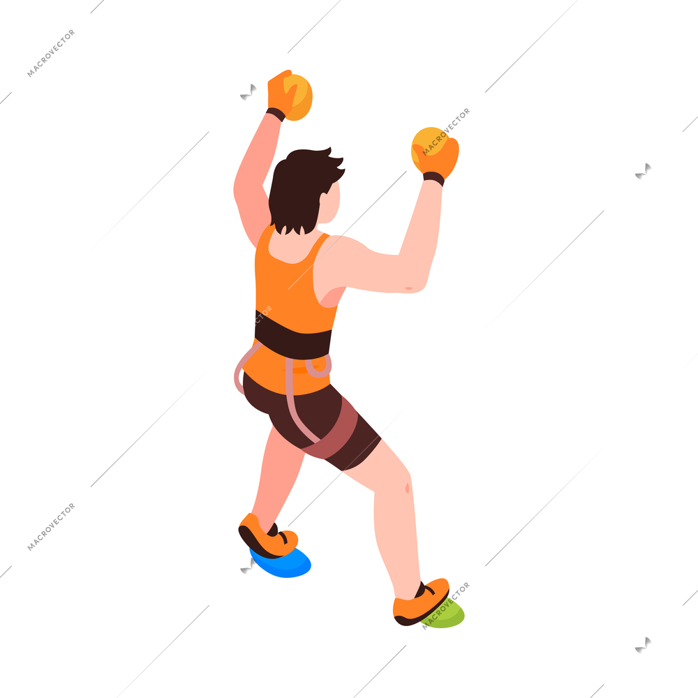 Isometric climber on climbing wall 3d vector illustration