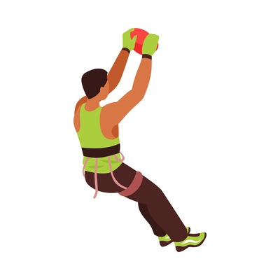 Isometric male climber practising on climbing wall 3d vector illustration