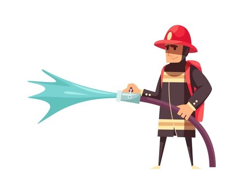 Male firefighter putting out fire with water hose flat vector illustration