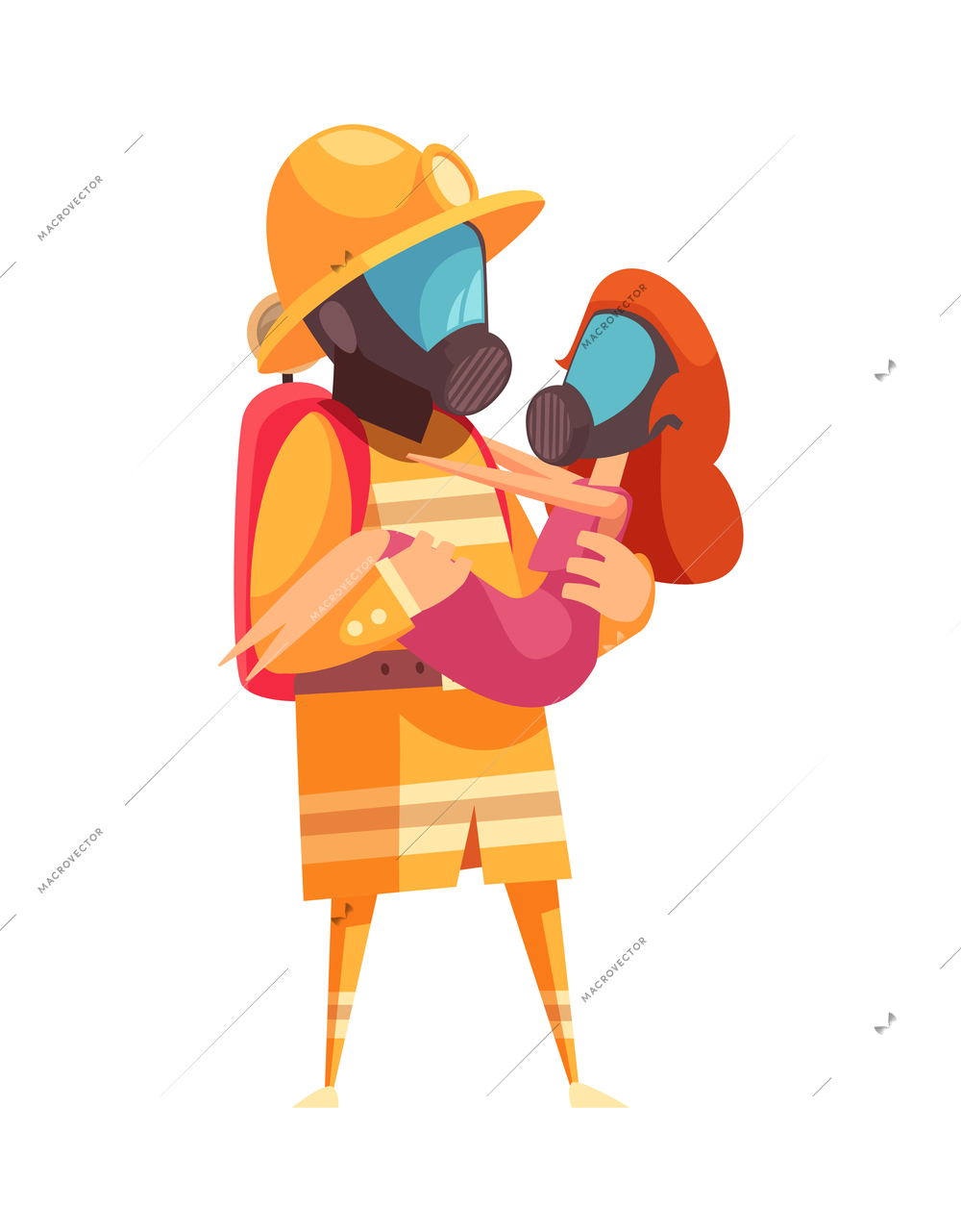 Fireman holding rescued woman in arms flat vector illustration