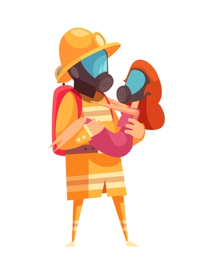 Fireman holding rescued woman in arms flat vector illustration