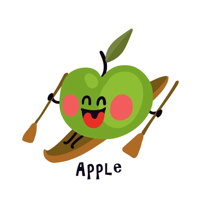 Cute cheerful cartoon green apple character rowing in boat with paddles vector illustration