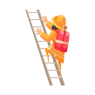 Male firefighter climbing ladder flat vector illustration