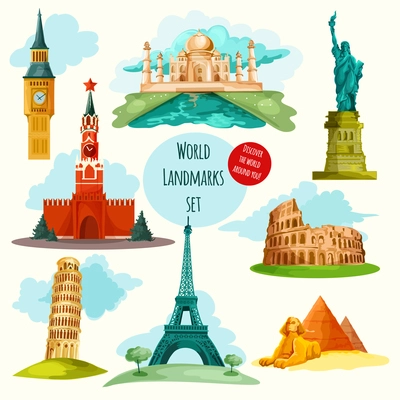 World landmarks decorative icons set with eiffel tower big ben coliseum isolated vector illustration