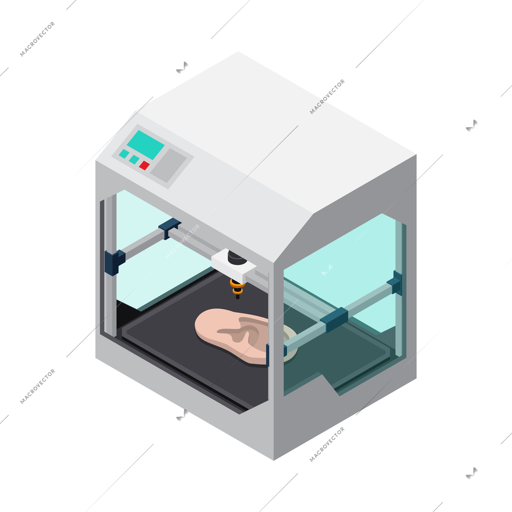 3D printing industry isometric icon with printer creating human ear model vector illustration