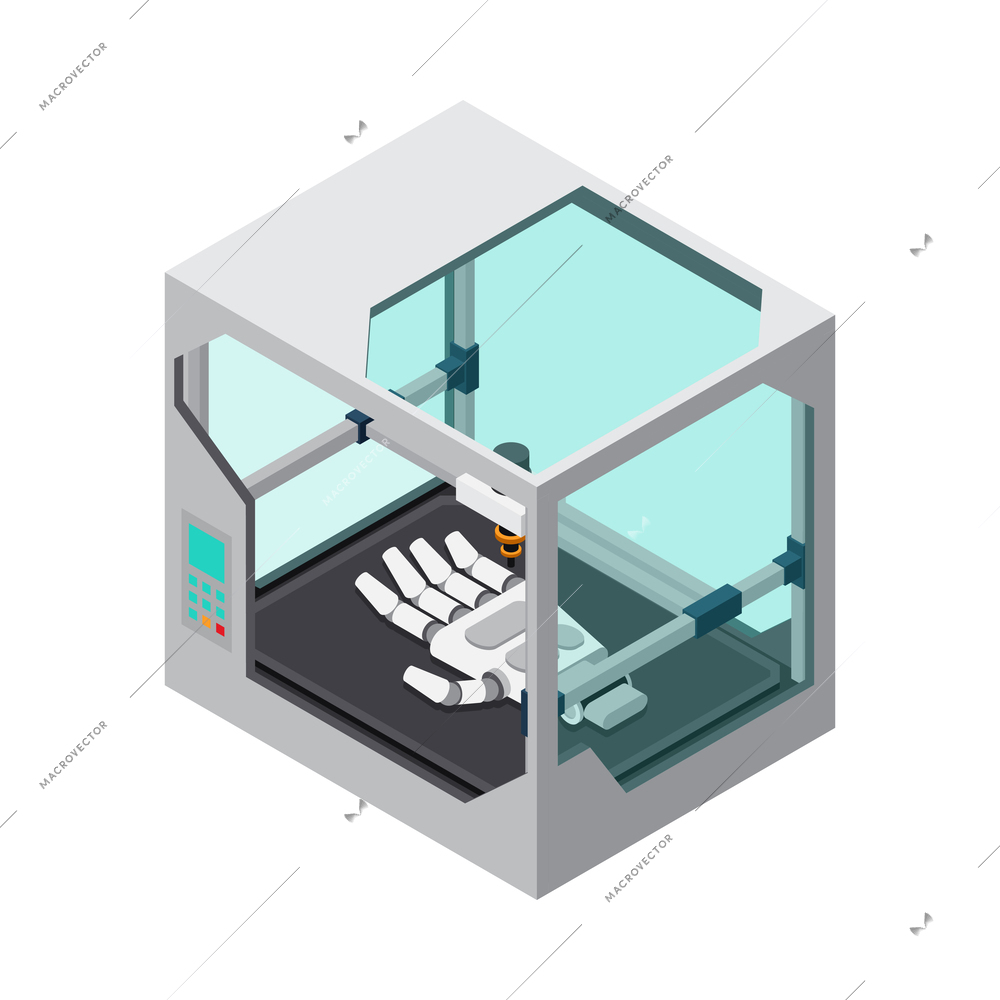 3D printing industry isometric icon with printer creating human hand model vector illustration