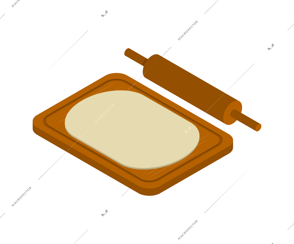 Dough on wooden board with rolling pin isometric icon 3d vector illustration