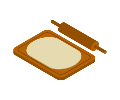 Dough on wooden board with rolling pin isometric icon 3d vector illustration