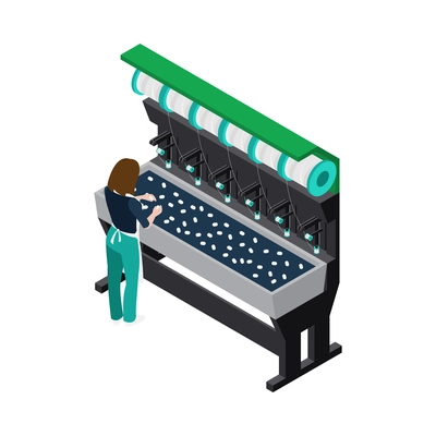 Isometric textile industry factory machine icon with female worker 3d vector illustration