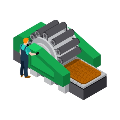 Isometric textile industry icon with factory equipment unit and male worker in uniform 3d vector illustration