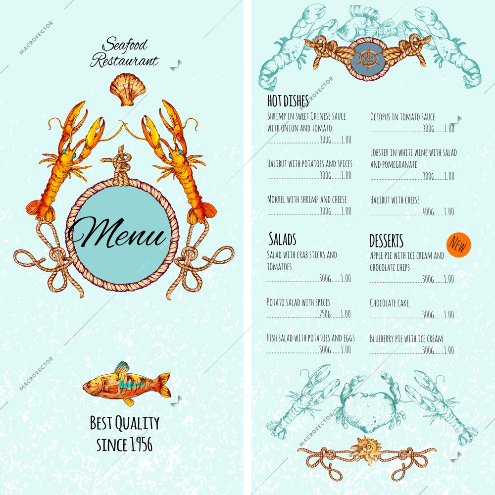 Seafood restaurant menu card template with premium fish dishes vector illustration