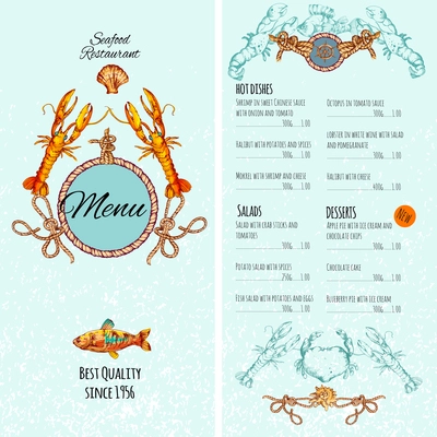 Seafood restaurant menu card template with premium fish dishes vector illustration