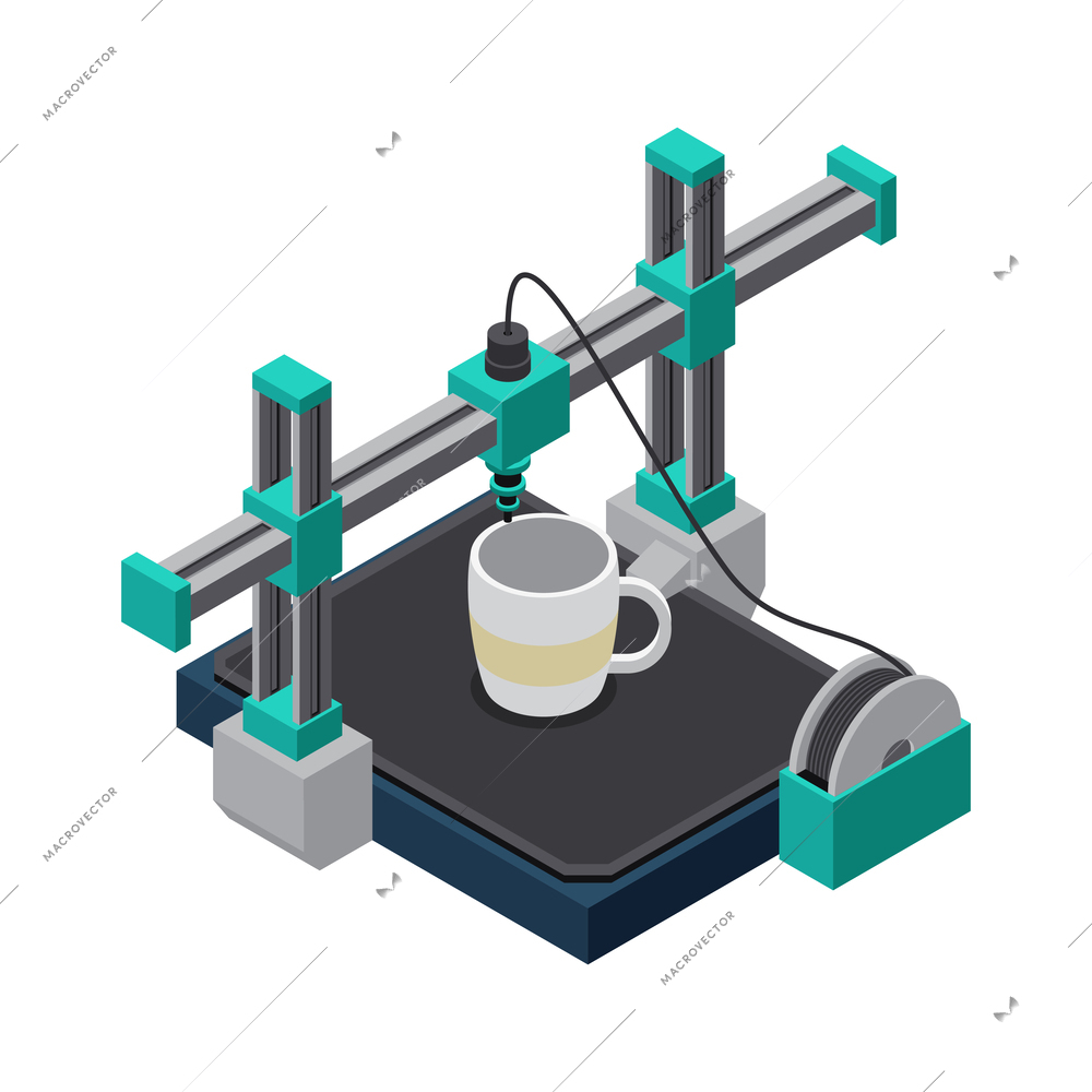 3D printer industry isometric icon with printing process of cup vector illustration