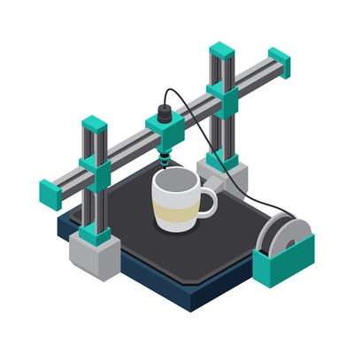 3D printer industry isometric icon with printing process of cup vector illustration