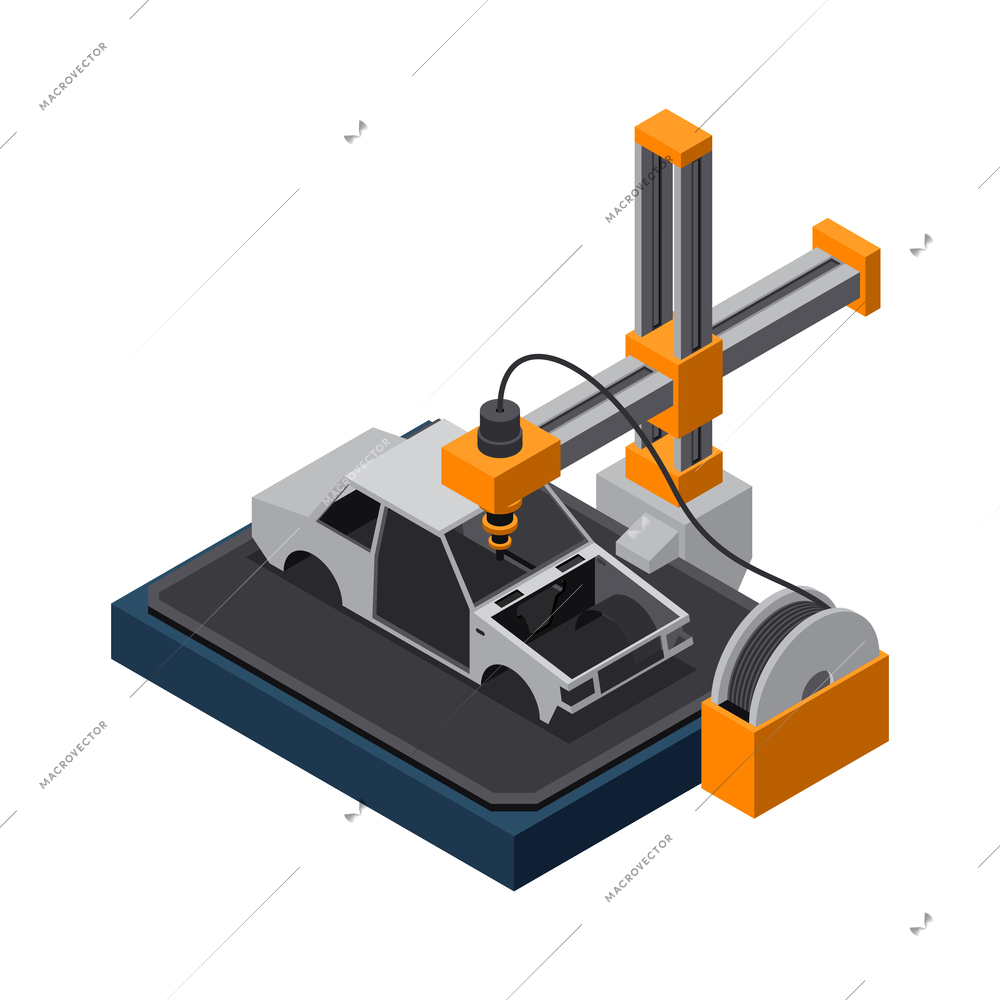 3D printing industry isometric icon with car model vector illustration