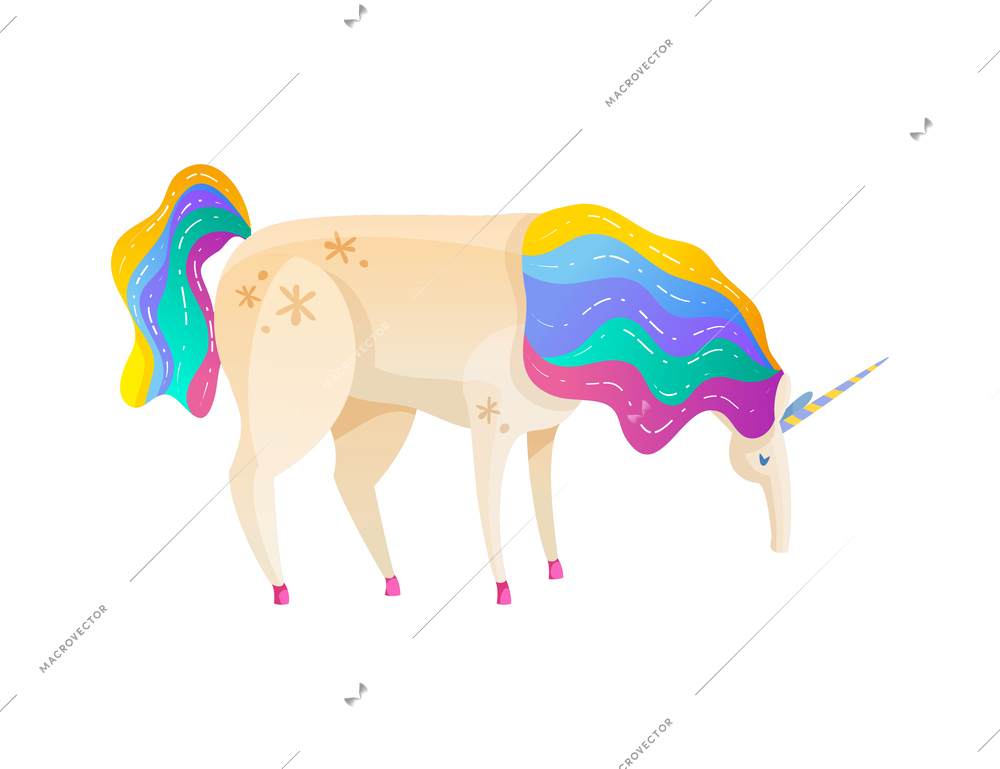 Cartoon beautiful unicorn with rainbow color mane and tail vector illustration