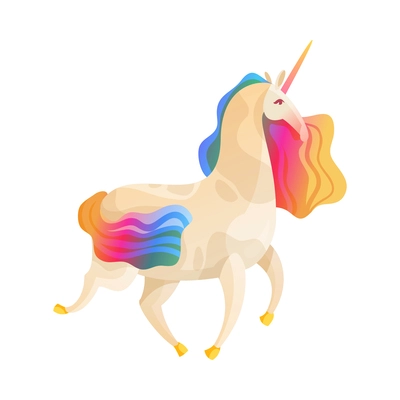 Graceful running cartoon unicorn with rainbow color mane tail and horn vector illustration