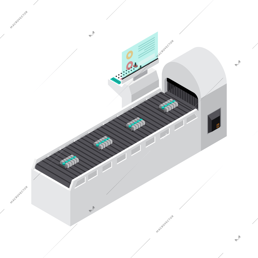 Industrial robots automated production factory with conveyor equipment 3d isometric vector illustration