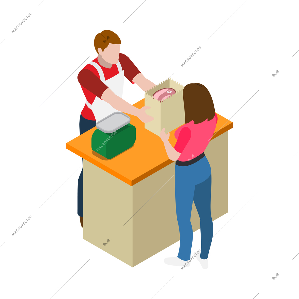 Butchery shop isometric icon with female customer buying meat in paper bag 3d vector illustration