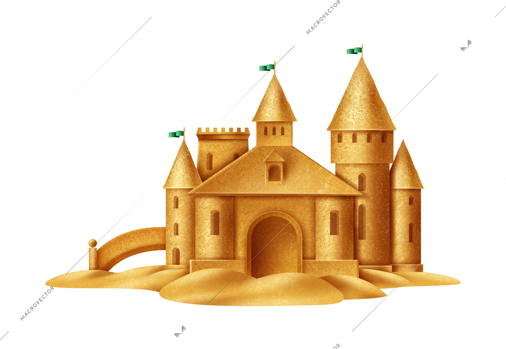 Realistic beach sand castle front view on white background vector illustration